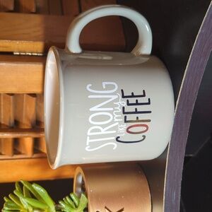 Jumbo Oversized Coffee Mug 18 oz Strong like my coffee Grey White Gold CUTE FUN